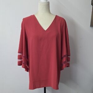V-Neck Red Flutter Sleeve Blouse